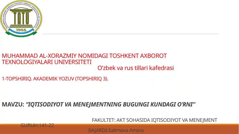 IQTISODIYOT VA MENEJMENTNING BUGUNGI KUNDAGI O'RNI