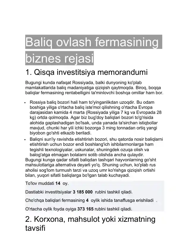 Baliq ovlash fermasining biznes rejasi