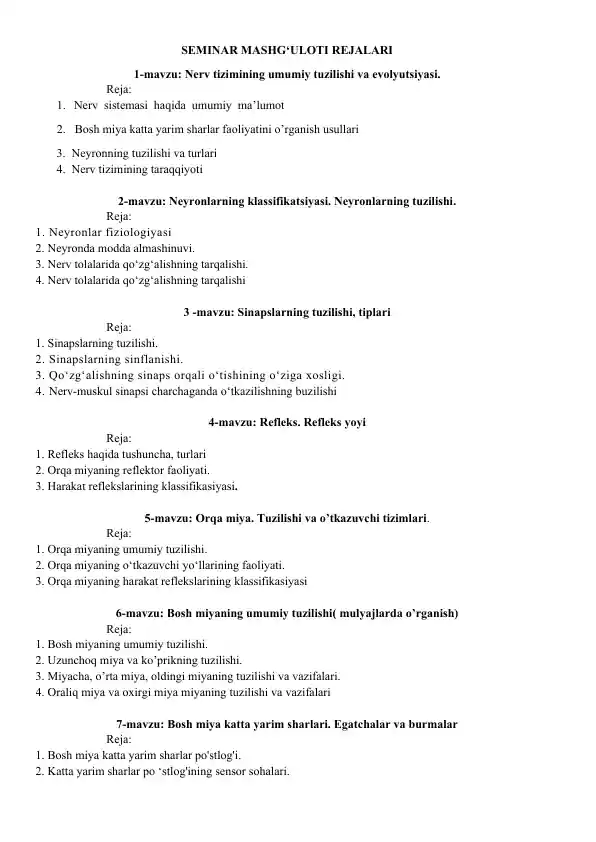 Seminar mashg‘uloti rejalar to‘plami: Nerv tizimi va oliy nerv faoliyati