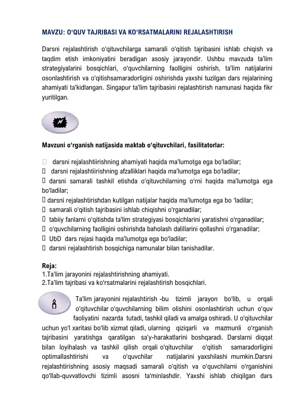 O‘QUV TAJRIBASI VA KO‘RSATMALARINI REJALASHTIRISH