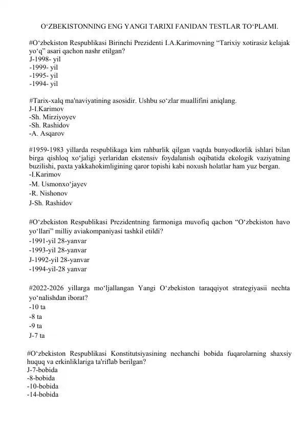 O'ZBEKISTONNING ENG YANGI TARIXI FANIDAN TESTLAR TO‘PLAMI