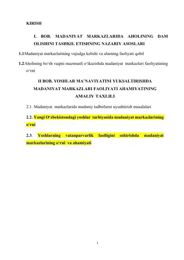 Madaniyat markazlarida aholi dam olishini tashkil etishning nazariy va amaliy asoslari