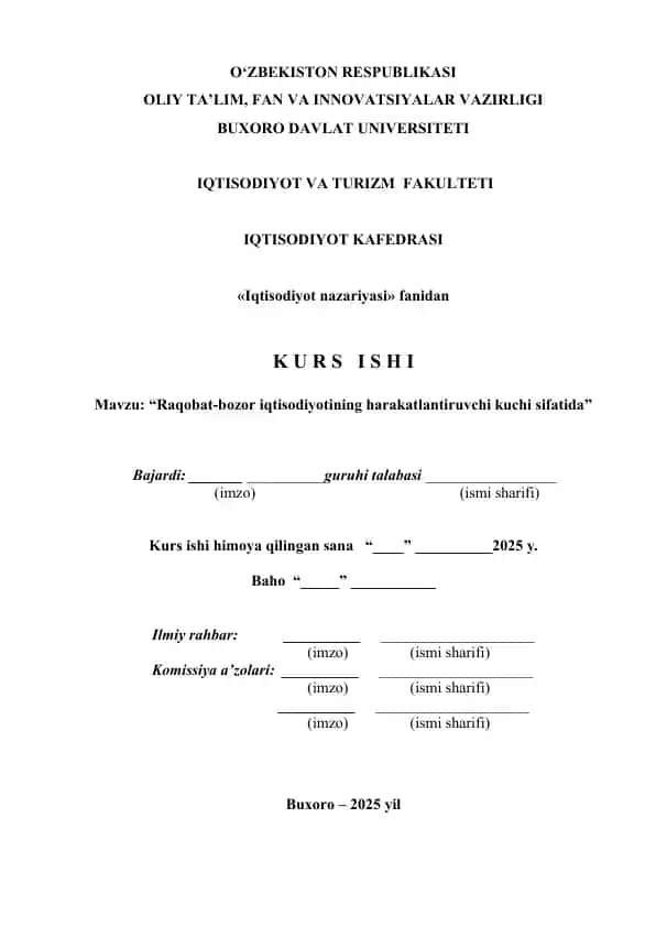 Raqobat-bozor iqtisodiyotining harakatlantiruvchi kuchi sifatida
