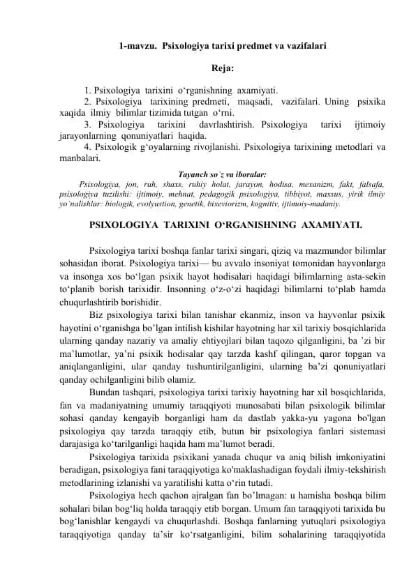 Psixologiya tarixi predmet va vazifalari