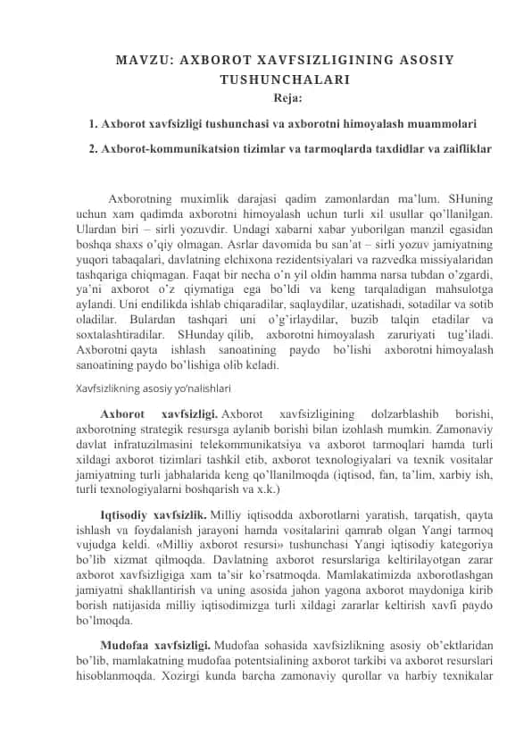 Axborot xavfsizligi tushunchasi va axborotni himoyalash muammolari