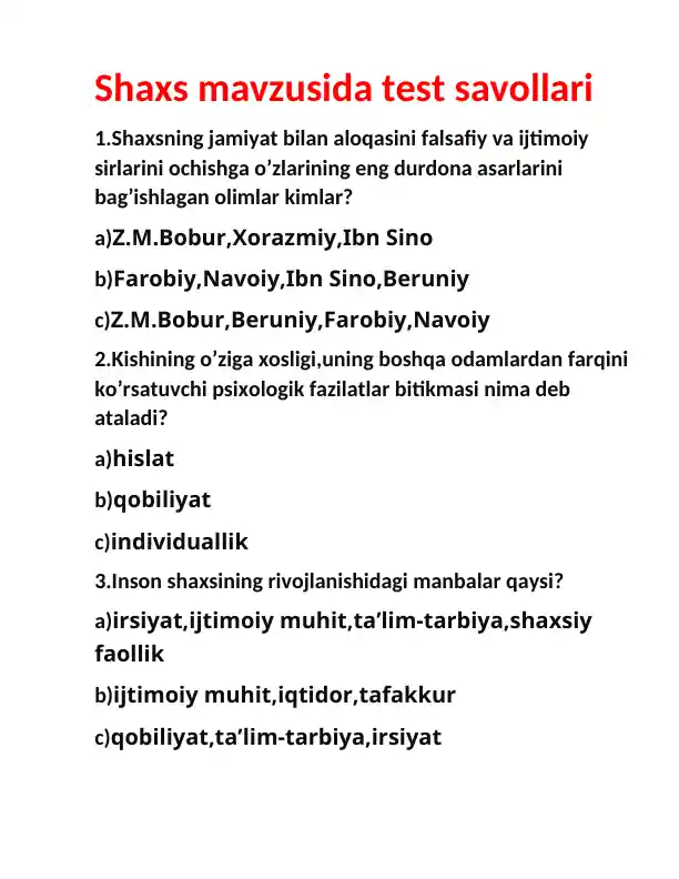 Shaxs mavzusida test savollari va atamalar izohi