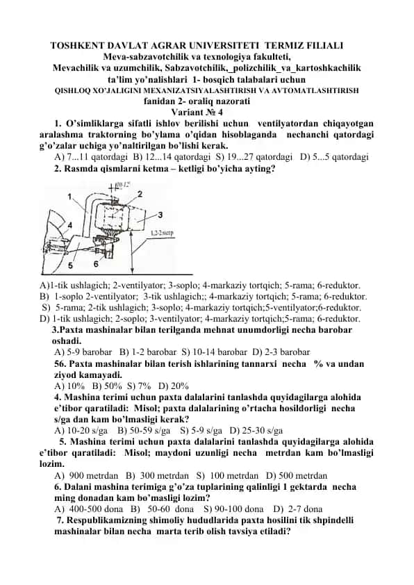 Qishloq xo'jaligini mexanizatsiyalashtirish va avtomatlashtirish fani bo'yicha 2-oraliq nazorat varianti
