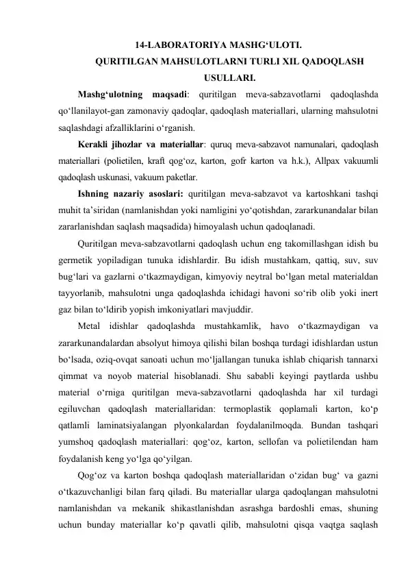 Laboratoriya mashg‘uloti - Quritilgan mahsulotlarni qadoqlash usullari