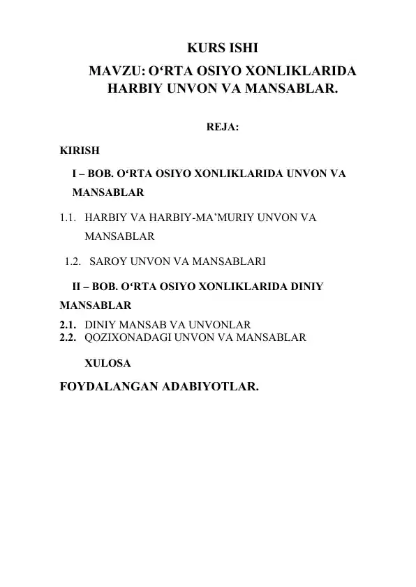 OʻRTA OSIYO XONLIKLARIDA HARBIY UNVON VA MANSABLAR