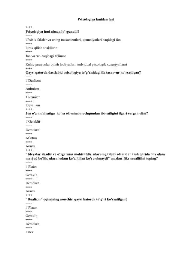 Psixologiya fanidan test