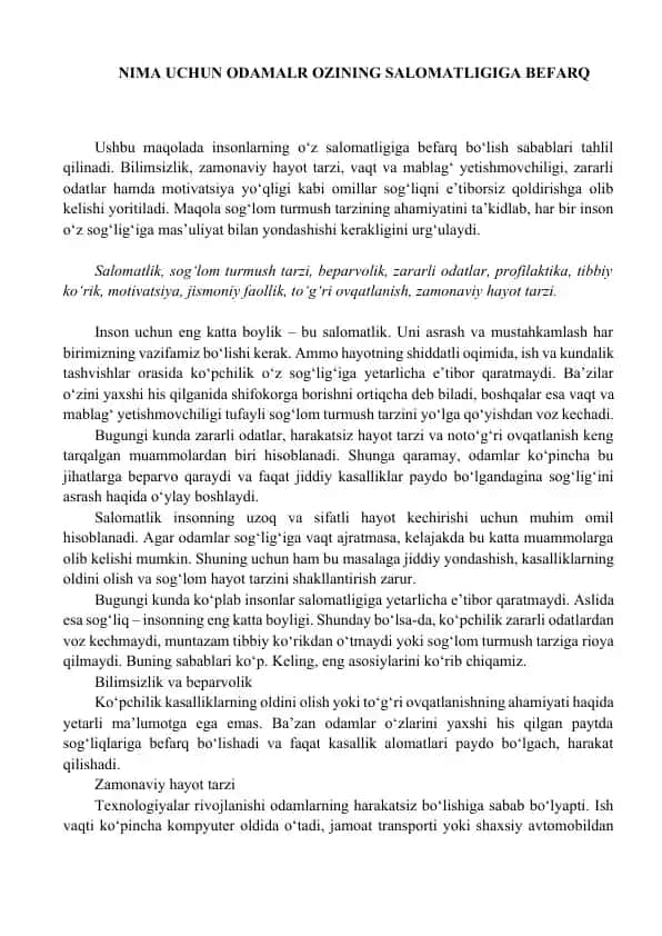 Salomatlik va sog‘lom turmush