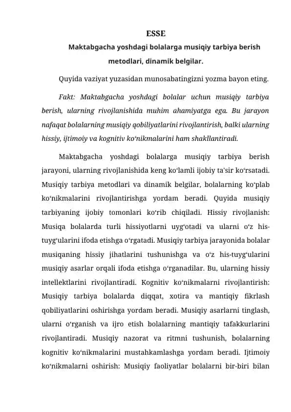 Maktabgacha yoshdagi bolalarga musiqiy tarbiya berish metodlar