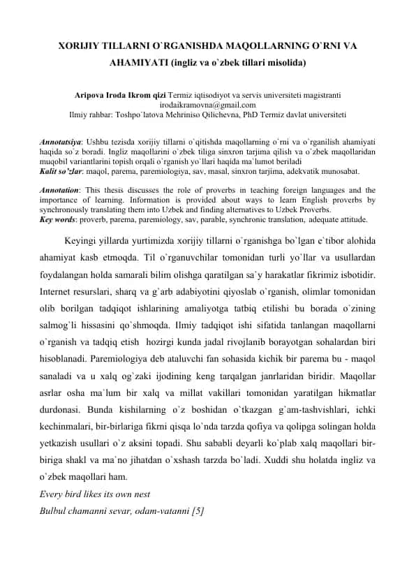Xorijiy tillarni o`rganishda maqollarning o`rni va ahamiyati