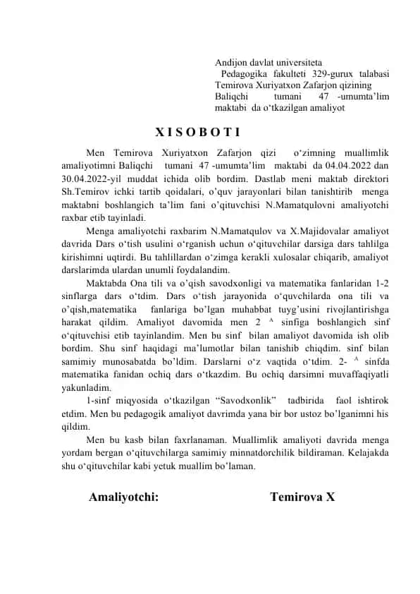 Temirova Xuriyatxon Zafarjon qizining Amaliyot Haqida Ma'lumot