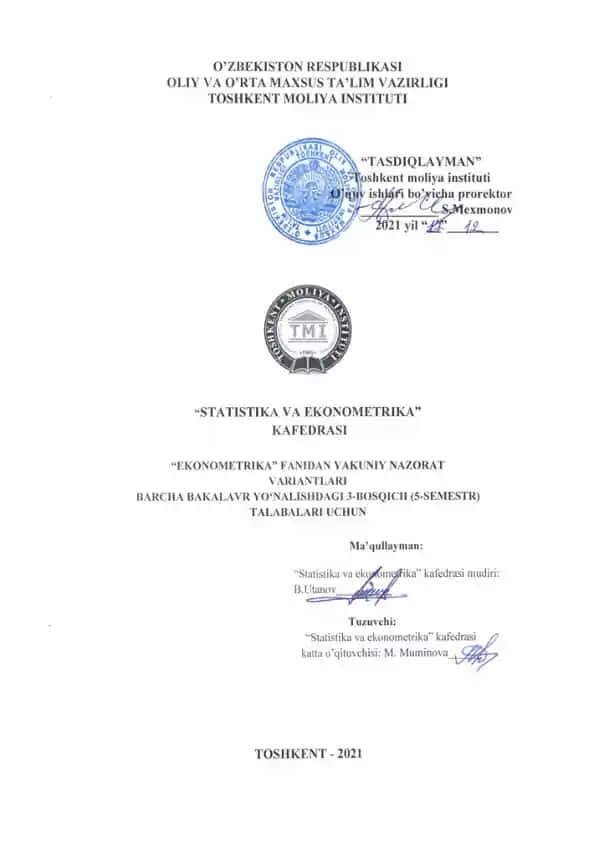 Ekonometrikada regressiya va korrelyatsiya bo‘yicha amaliy ishlar (6 variant)