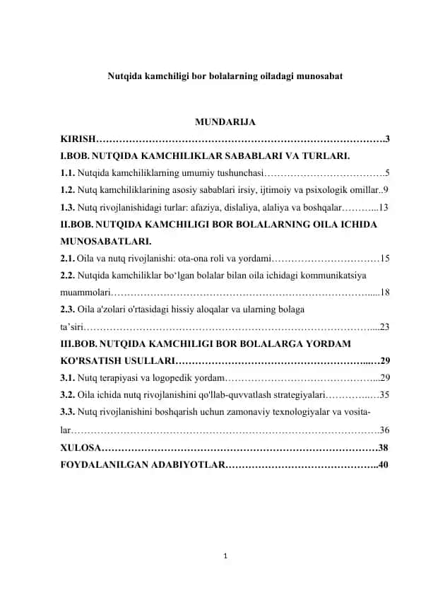 Nutqida Kamchiligi Bor Bolalarning Oiladagi Munosabat
