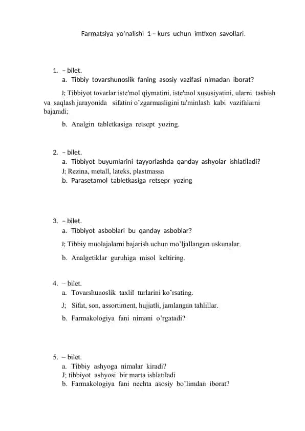 Farmatsiya yo’nalishi 1 – kurs uchun imtixon savollari