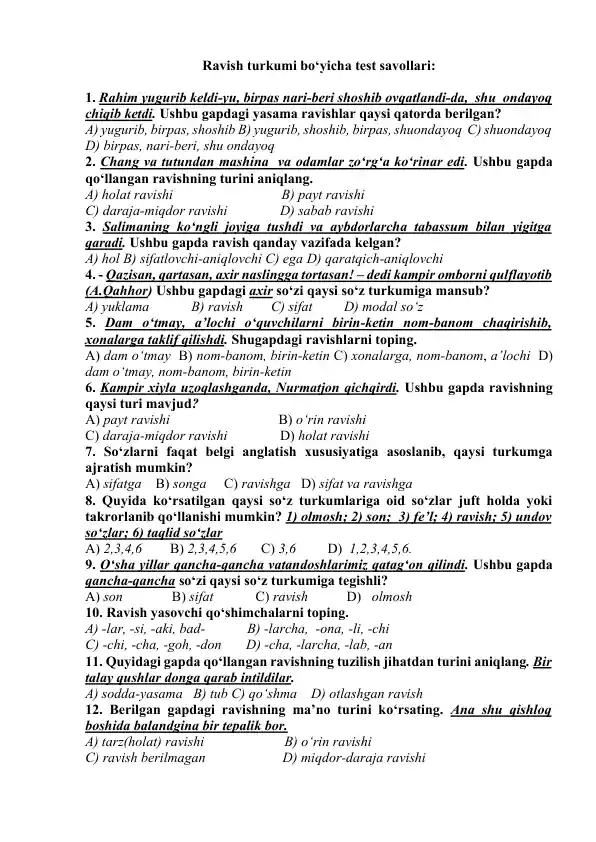 Ravish turkumi bo‘yicha test savollari