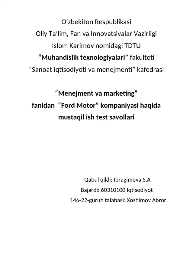 "Ford Motor kompaniyasi haqida test savollari"