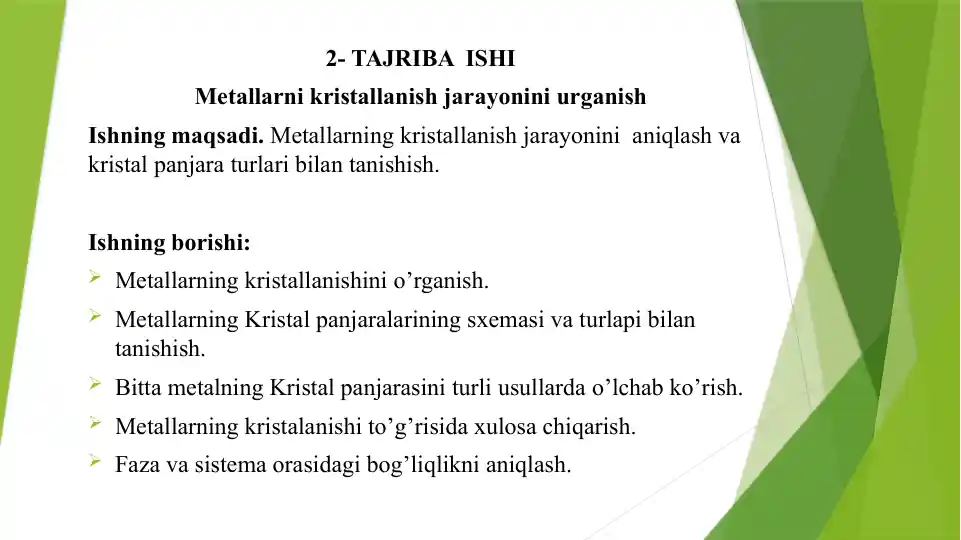Metallarni kristallanish jarayonini urganish
