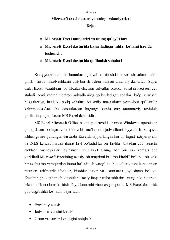 Microsoft Excel dasturi va uning imkoniyatlari