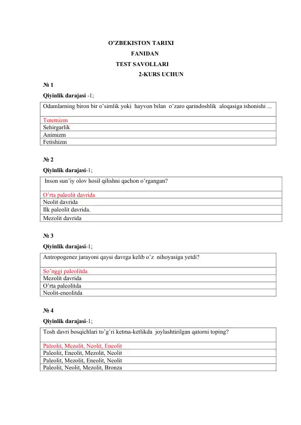 O’ZBEKISTON TARIXI FANIDAN TEST SAVOLLARI 2-KURS UCHUN