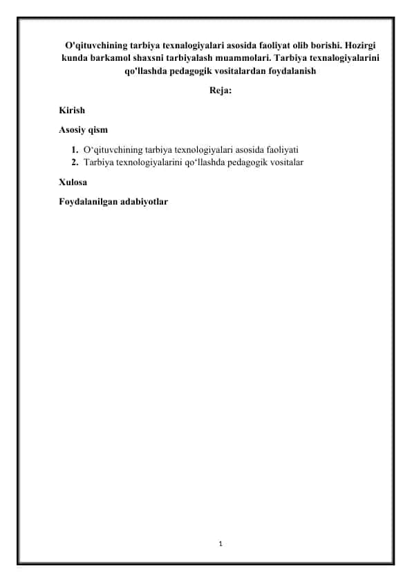 O'qituvchining tarbiya texnalogiyalari faoliyati