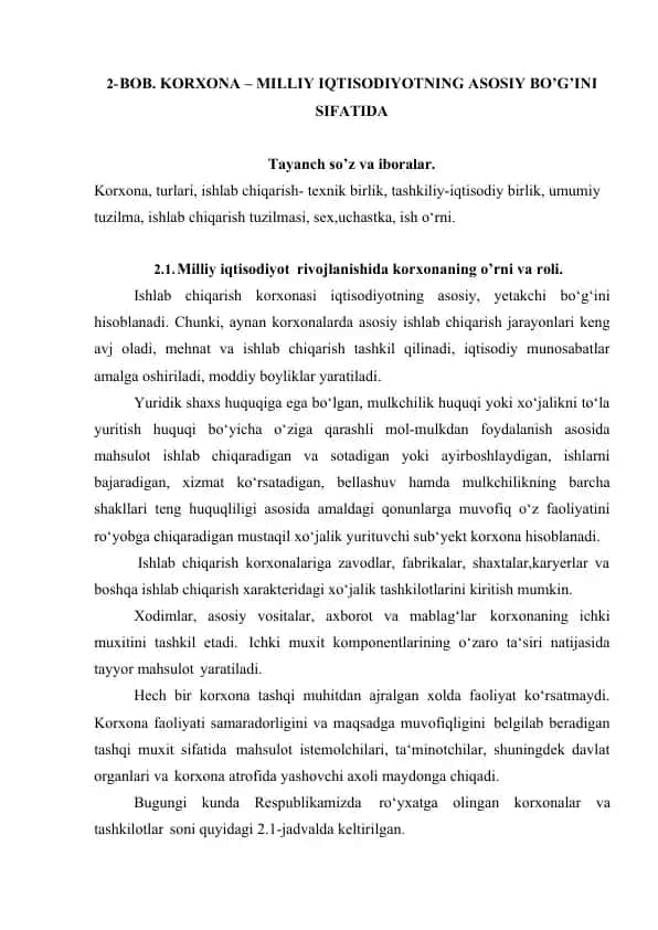 Korxona – milliy iqtisodiyotning asosiy bo‘g‘ini sifatida