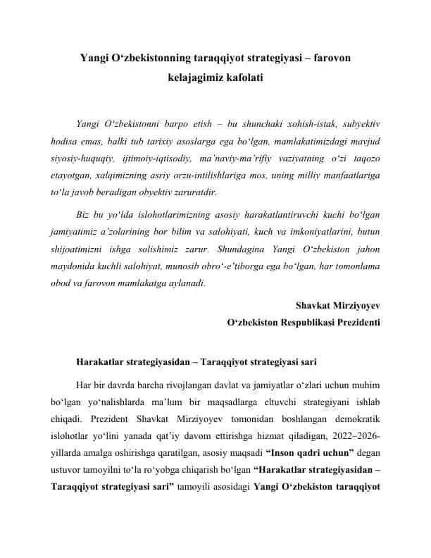 O‘zbekistonning taraqqiyot strategiyasi – farovon kelajagimiz kafolati