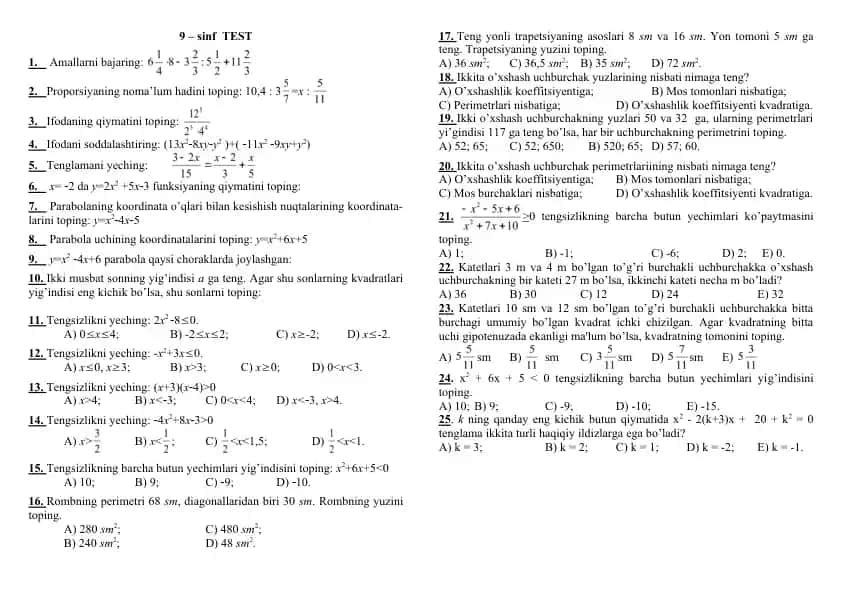 To'g'ri matematik test savollari
