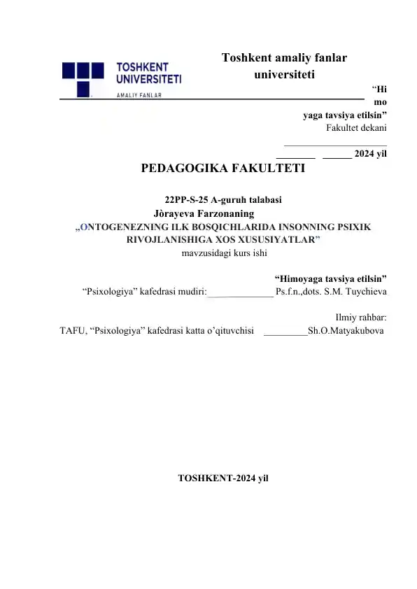 ontogenezning ilk bosqichlaridagi psixik taraqqiyot diagnostikasi