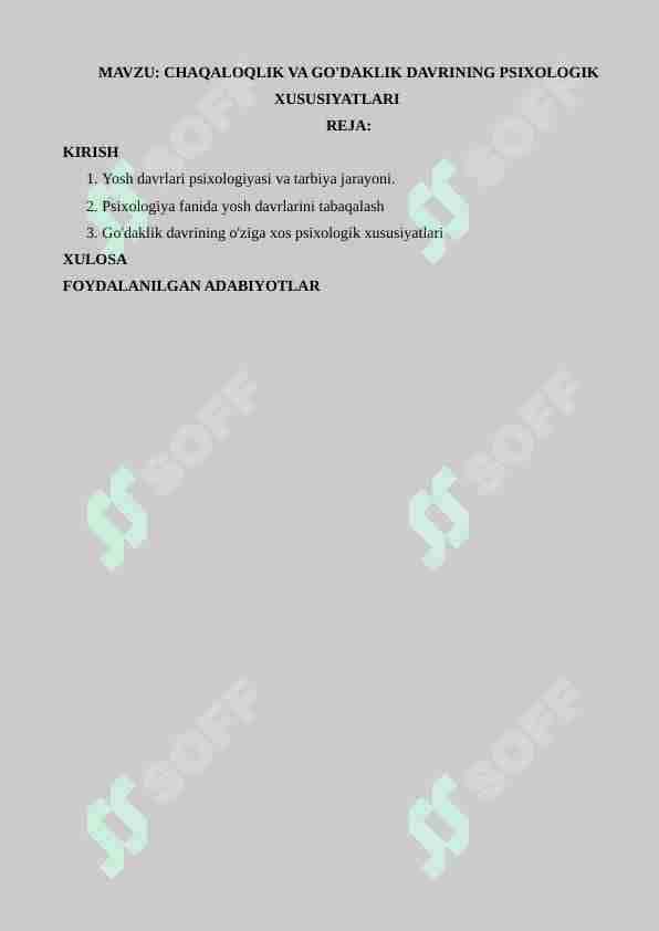 CHAQALOQLIK VA GO'DAKLIK DAVRINING PSIXOLOGIK XUSUSIYATLARI