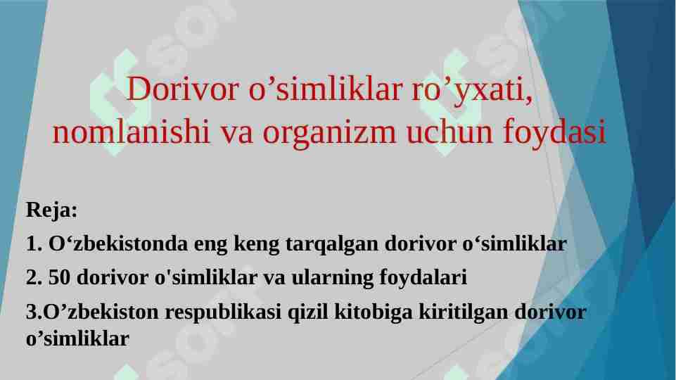 Dorivor o’simliklar ro’yxati, nomlanishi va organizm uchun foydasi