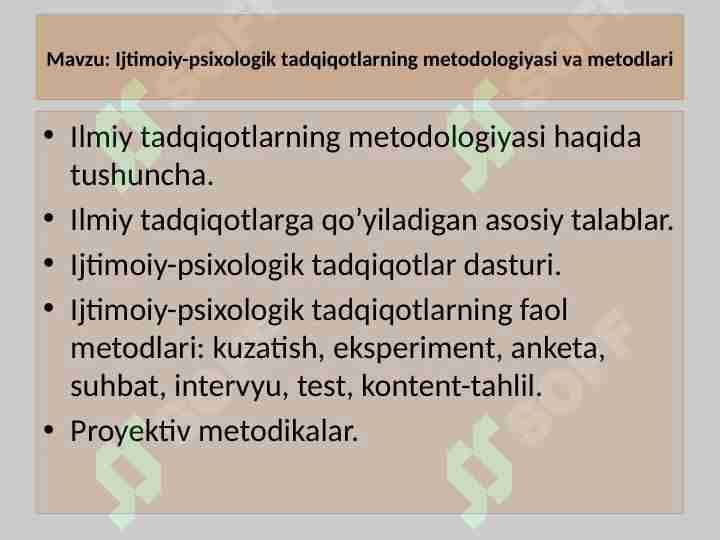 Ijtimoiy-psixologik tadqiqotlarning metodologiyasi va metodlari