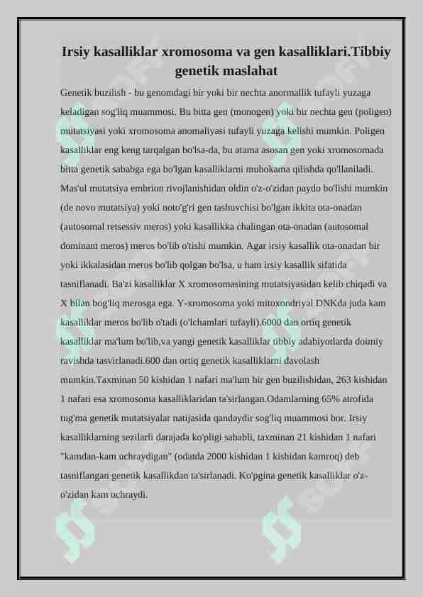 Irsiy kasalliklar xromosoma va gen kasalliklari.Tibbiy genetik maslahat