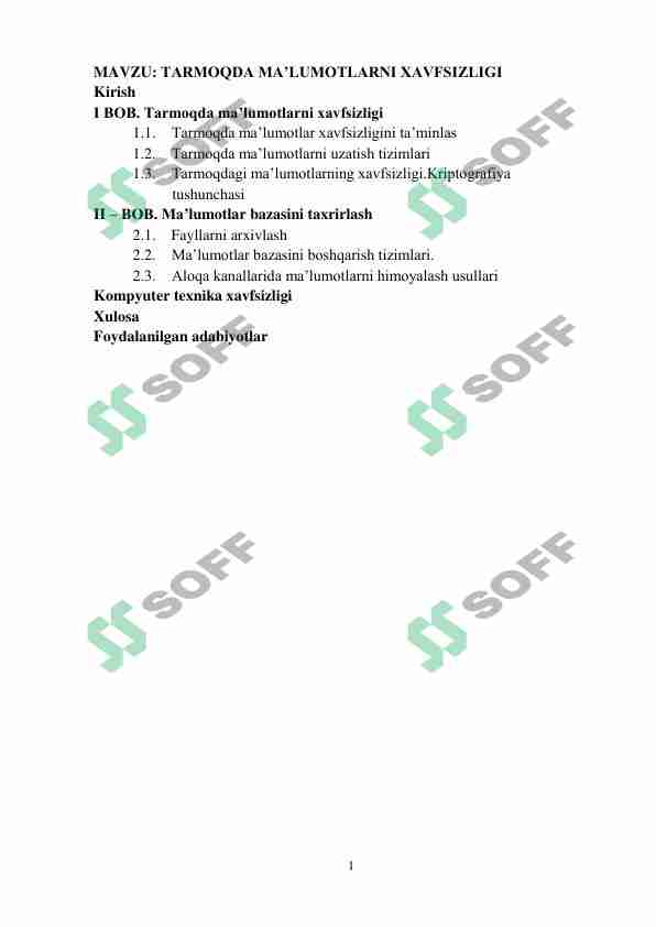 TARMOQDA MA’LUMOTLARNI XAVFSIZLIGI