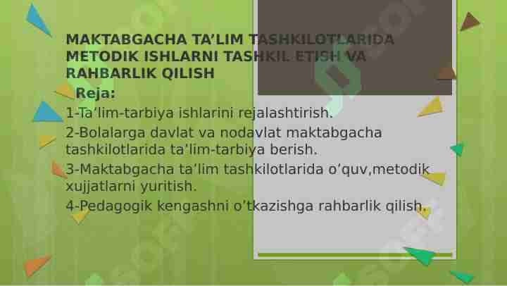 maktabgacha ta'lim tashkilotlarida metodik ishlarni tashkil etish