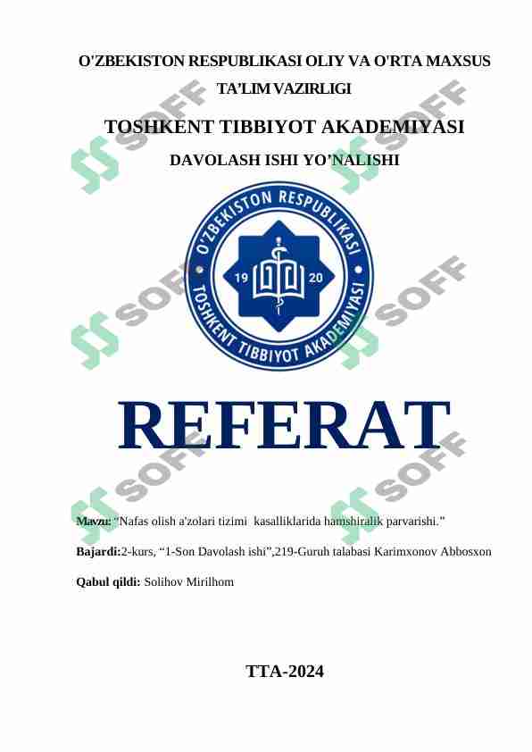 Nafas olish a'zolari tizimi kasalliklarida hamshiralik parvarishi