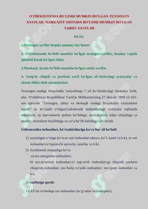 O'ZBEKISTONDA BO'LISHI MUMKIN BO'LGAN TEXNOGEN XAVFLAR. MARKAZIY OSIYODA BO'LISHI MUMKIN BO'LGAN TABIIY XAVFLAR