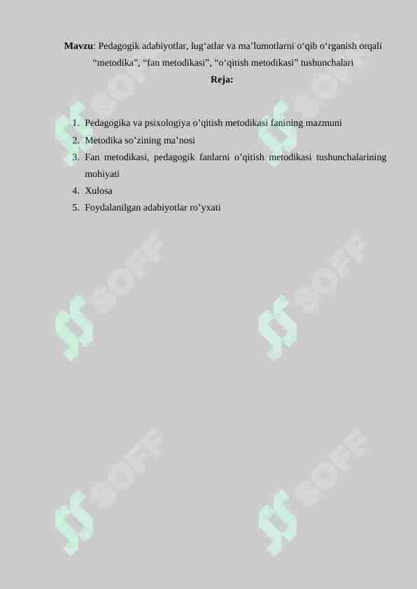 : Pedagogik adabiyotlar, lug‘atlar va ma’lumotlarni o‘qib o‘rganish orqali “metodika”, “fan metodikasi”, “o‘qitish metodikasi” tushunchalari