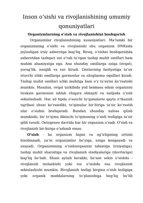 Inson oʻsishi va rivojlanishining umumiy qonuniyatlari
