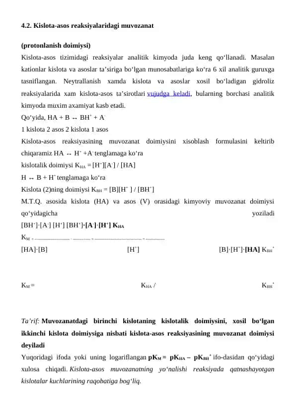 Kislota-asos reaksiyalaridagi muvozanat