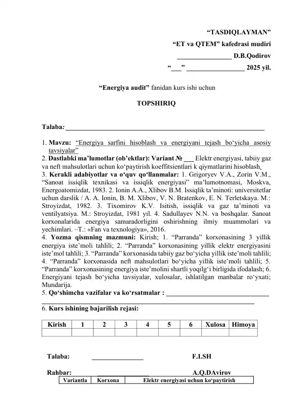 "Energiya sarfini hisoblash va energiyani tejash bo‘yicha asosiy tavsiyalar"