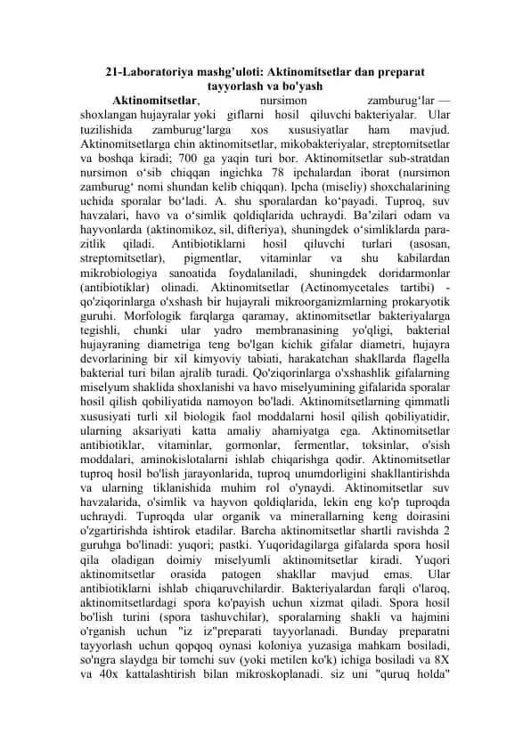 Aktinomitsetlar dan preparat tayyorlash va bo'yash