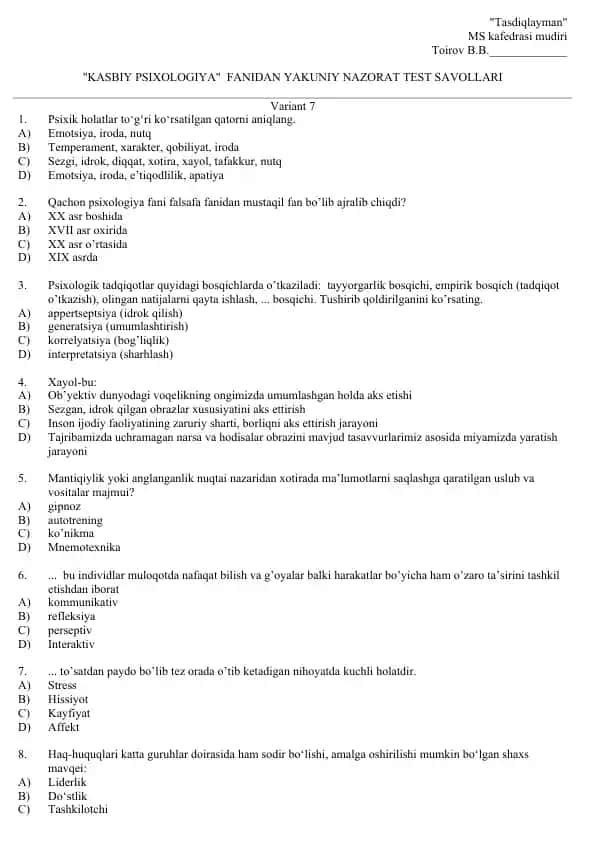 "KASBIY PSIXOLOGIYA" FANIDAN YAKUNIY NAZORAT TEST SAVOLLARI
