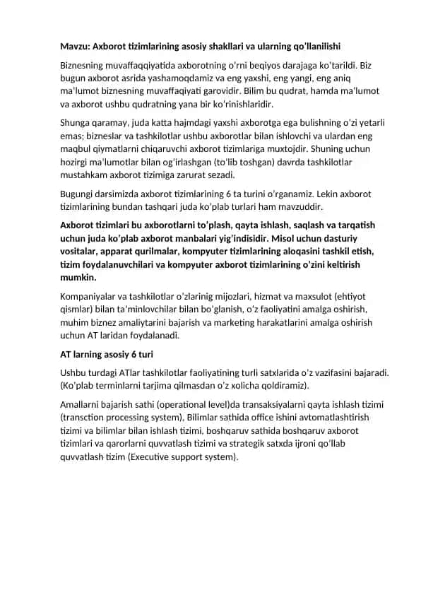 Axborot tizimlarining asosiy shakllari va ularning qo’llanilishi