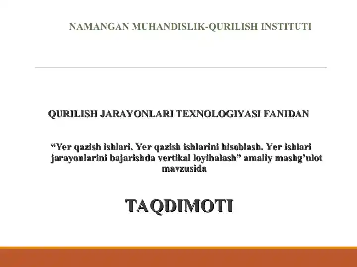 Handaqni qazishda yer ishlari hajmini hisoblash taqdimoti