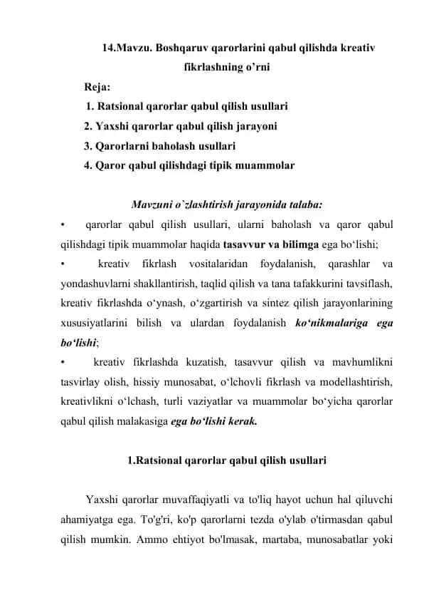 Kreativ fikrlashda qaror qabul qilish