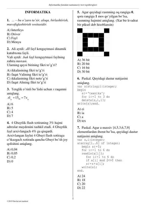 Informatika fanidan namunaviy test topshiriqlari