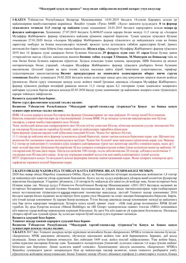 “Маъмурий ҳуқуқ ва процесс” модулидан тайёрланган якуний назорат учун казуслар